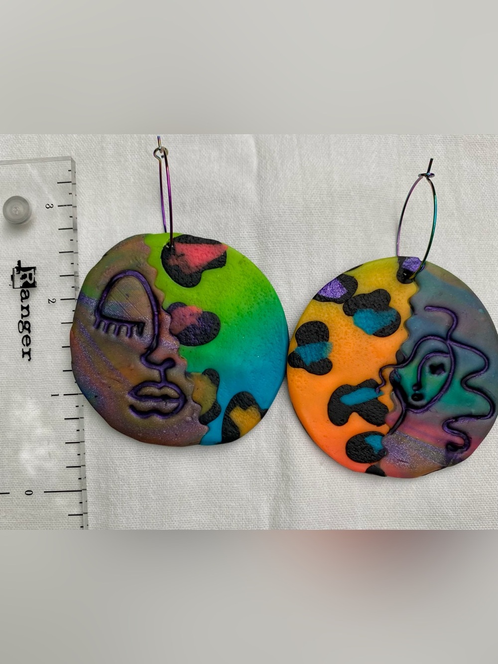 Multicolor Abstract Face Hoop Earrings - Rainbow Polymer Clay